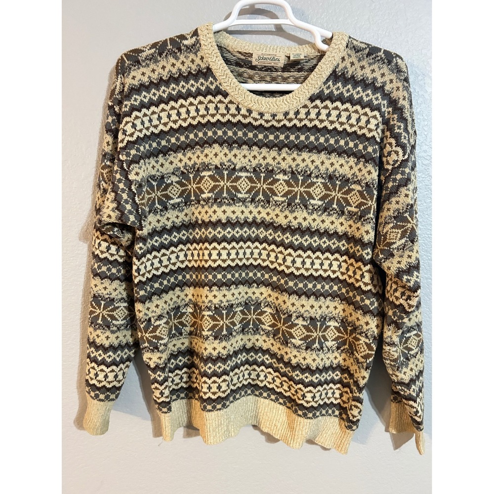 St Johns Bay Mens XL Silk Cotton Fair‎ Isle Crewneck Sweater Tan Brown Vintage